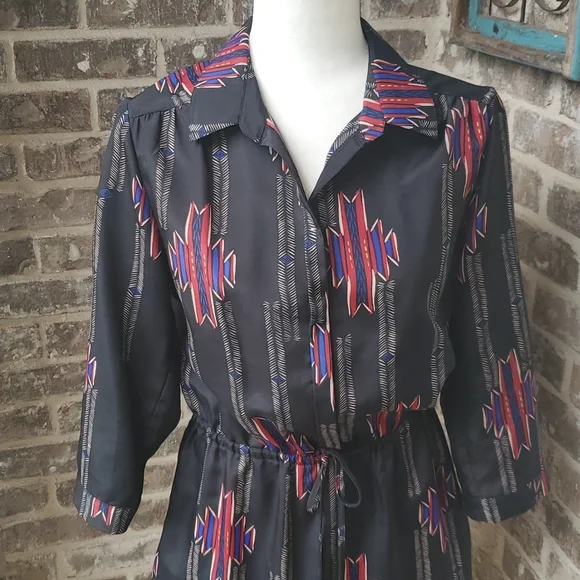 Aqua Tribal Print Waist Tie Long Sleeve Dress - Picture 2 of 5